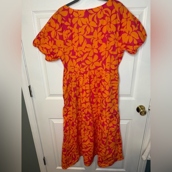 J. Crew Orange Red Tropical Flutter Sleeve Tiered Cotton Sundress Size 12 EUC - Picture 4 of 7